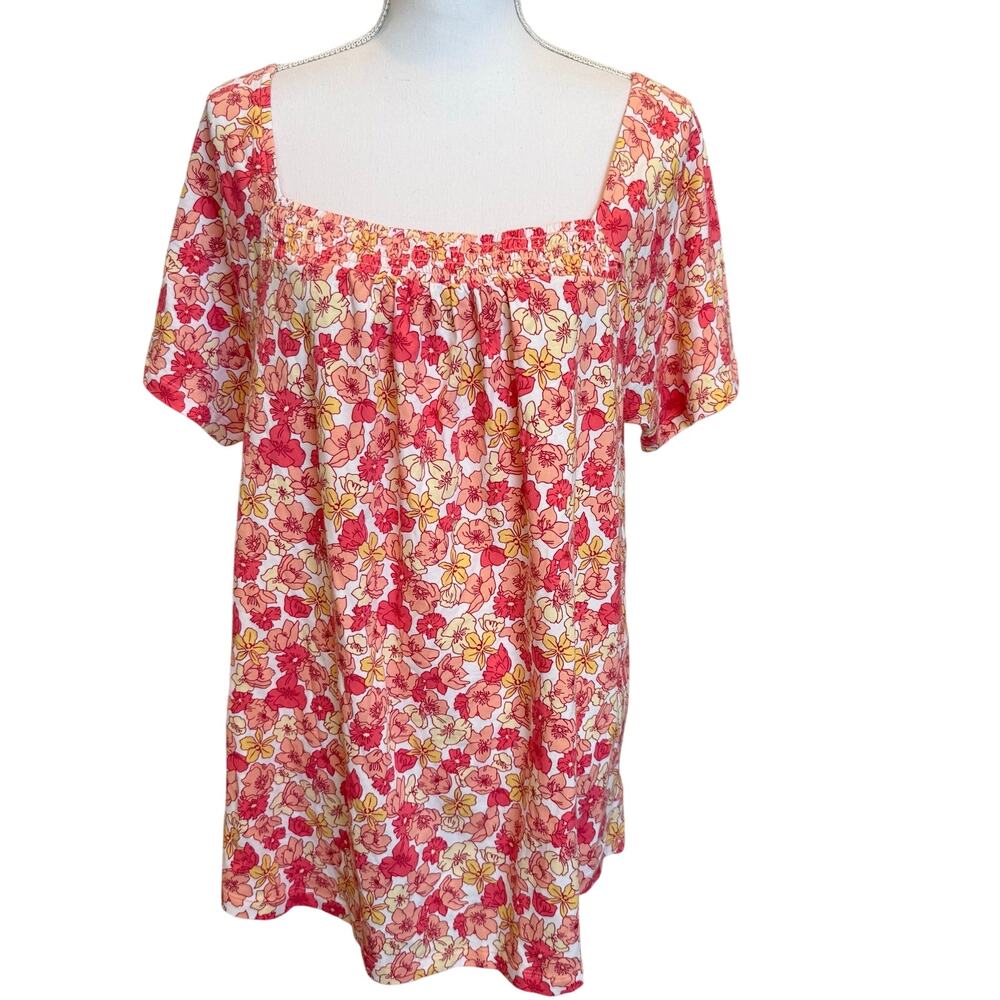 Lands End Top Women's Size XL 18 Floral Pink Lightweight Smocked Short Sleeve